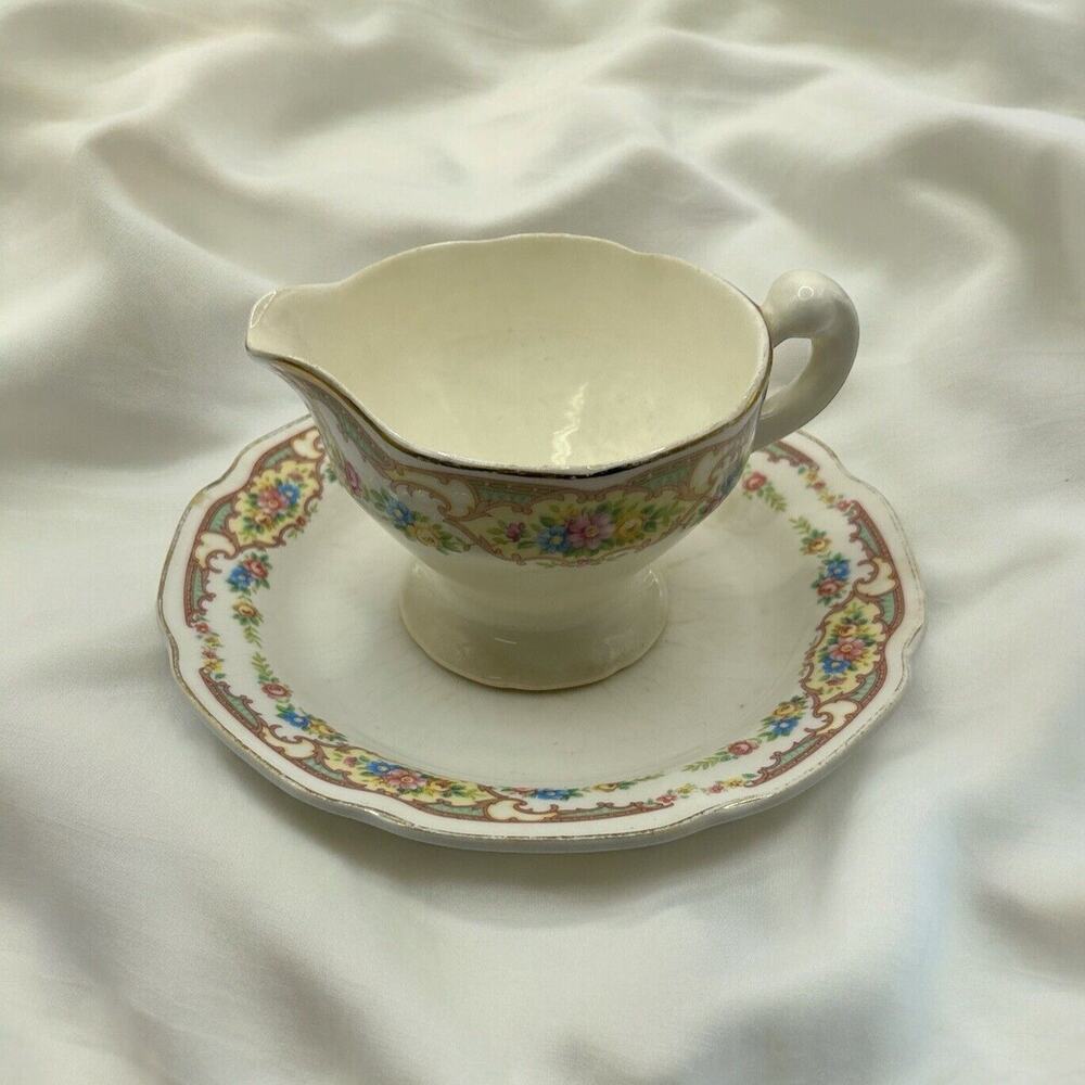 Antique 1930s Mount Clemens Mildred Footed Creamer & Plate Gold Trimmed USA USA